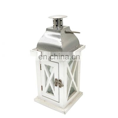 Creative House-shaped European-style Pastoral Iron Wood Lantern White Wooden Candle Lantern Hand Lamp Ironwood Lantern