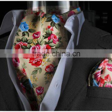 Cream Flowered Cravat, Brown scarf, with Pocket Square