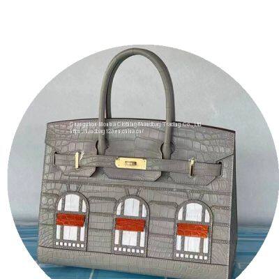 Europe And The United States New Small House Leather Platinum Bag Ladies First Layer Cowhide Handbag Crocodile Pattern Contrast Color Casual Bag photo-5