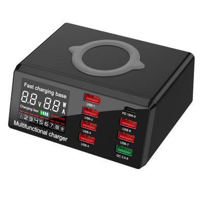 Multifunction Wireless Charger Plug USB Hub Charging Docking Station with LCD Digital Display Travel Socket Adapter Desktop Use