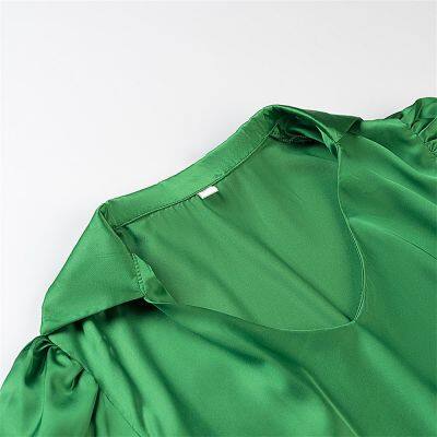 2025 Pleated Elastic Waist Shorts Women's French Fashion Satin Blouse Solid Color Tunic Top V-neck photo-4