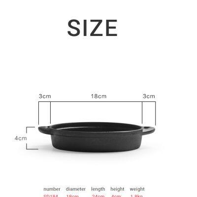 Round Wooden Base Cast Iron Sizzling Plate Two Ears New Design Cast Iron Paella Pan Deep Fry Pan photo-2