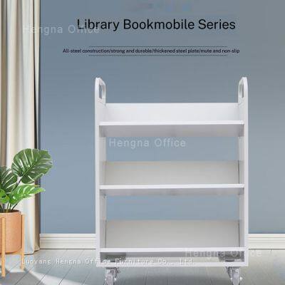Custom Steel Library Trolley Supplier | HN-VC03 Silent V-shaped Book Cart | With Universal Flexible Wheels & Humanized Handrail