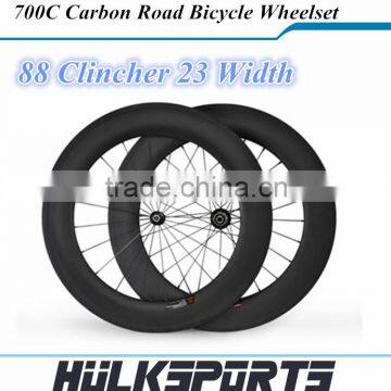 Clincher 88mm depth 23mm Width Carbon Wheels full set of road bicycle wheels Straight Pull Wheelset HK-88C-W23-C