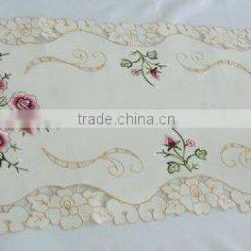 Satin table runner with burgandy flower embroidery and flower edge houseware household textile