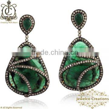 14k Gold Earrings, Emerald Gemstone Earrings, Pave Diamond 925 Silver Gemstone Earrings, Diamond Fashion Jewelry