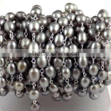 3 Feet Natural Grey Freshwater Pearl Smooth Uneven Oval Gemstone Rosary Wire Wrapped Beaded Chain 925 Silver Plated