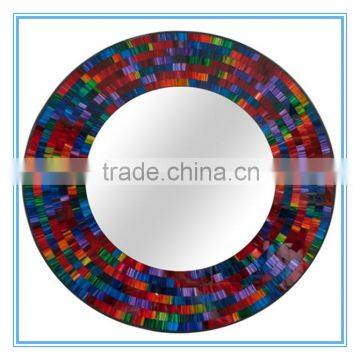 Amber color round MDF wooden and glass mosaic decorative bathroom wall mirror