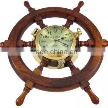 Wooden Wheel BRASS clock teak decor solid sturdy nautical Wall clock 2043