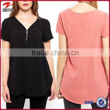 2015 short sleeves zip front v-neckline women t-shirt