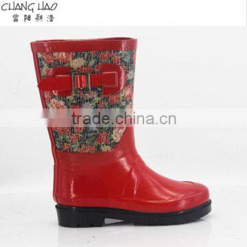 Women fashion rubber rain boot red ground with rose printed Wellington Boots