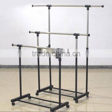 Double Adjustable Telescopic Rolling Clothing Rack With Shoes Storage shelf