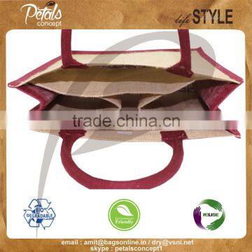 Three Bottle Jute Wine Bag With Wooden Cane Handle photo-5