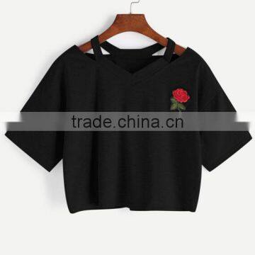 2017 Latest hot sale baby clothes fashion embroidery wholesale black boutique short sleeve kids girls quality t shirt