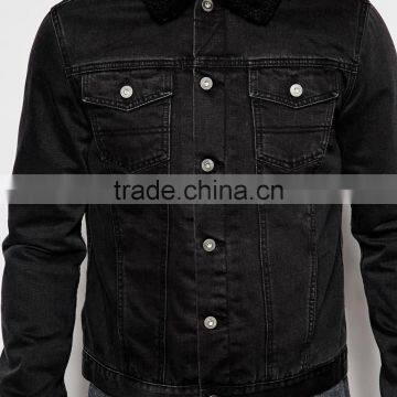 Black Denim Plain Fur Jacket Black Collar Windbreak Overcoat for Men photo-3