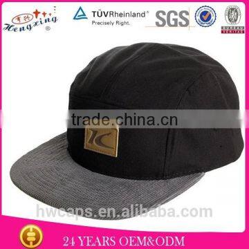 Leather lable black blank corduroy brim 5 panel hat wholesale