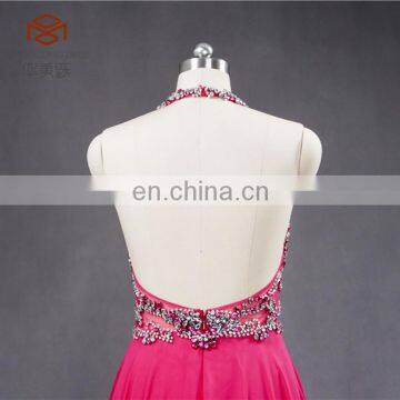 Cheap Best Quality ZZ-E0012 See Through Backless Halter Beading Long Chiffon Evening Dress photo-6