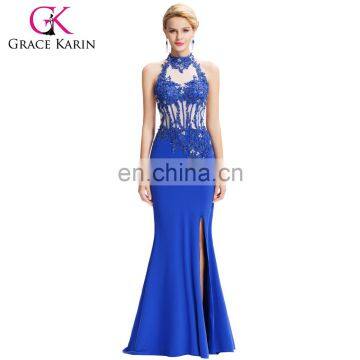 Grace Karin 2016 Newest Backless Halter High Split Long Blue Evening Gowns Free Prom Dress GK000050-1