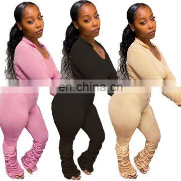 Wholesale Women 2 Piece Long Sleeve V Neck Shirt Stacked Pants Set