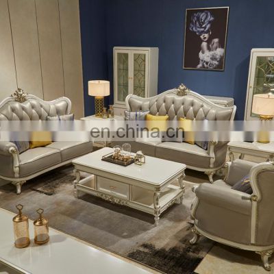 European style grey antique classic design solid wood antique leather living room sofa set