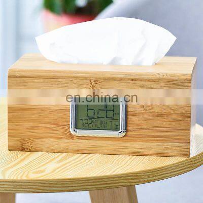 Bamboo wood custom printed tube square tissue storage holder box container cover set for home dining with digital clock