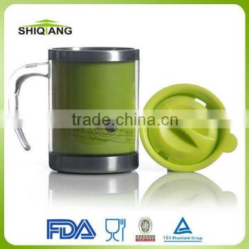 High quality stainless steel inner plastic outer promotion office mug with handle and lid