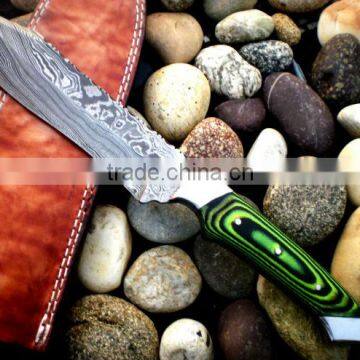 udk h4" custom handmade Damascus hunting knife with steel bolster and colored sheet