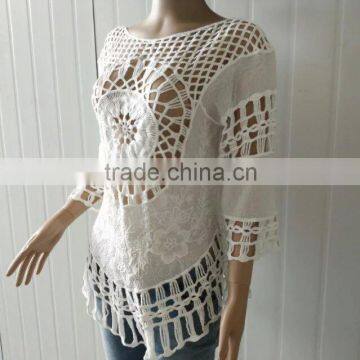 2016 Ladies Tops Hot Embroidery Lace Fabric Three Quarter Sleeve Coat Cotton Lace Hollow Out Vest photo-2