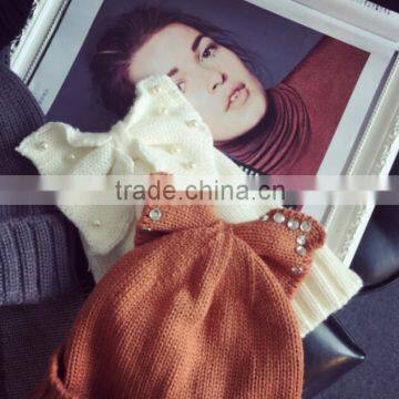 Fashion Charm Ladies Rhinestone Jewelry Pearl Bowknot Ear Cap Hat Beanie