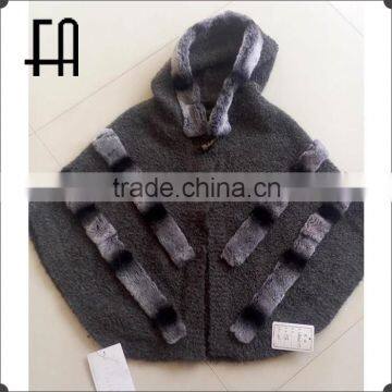 Factory direct wholesale price wool knit rex fur trim cape