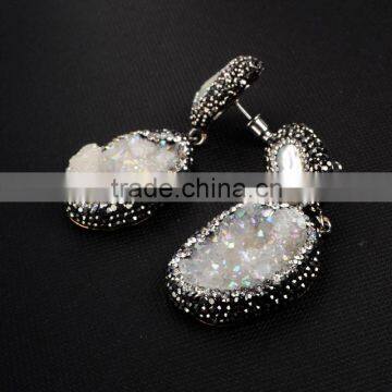 Natural Freshwater Pearl Earrings With 18k Gold Plated, Hanging Stick Druzy Geode Earrings With Black Diamonds Paved on Edge photo-5