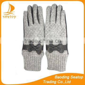 Ladies warm leather gloves with knit cuff and sewings women bowknot gloves