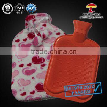 BS Standard Natural rubber Hot Water Bottle with pink heart soft fleece cover