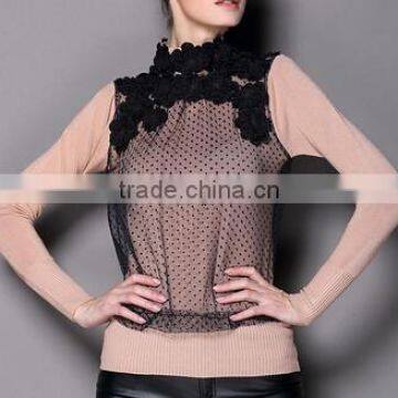 lady Embroidery lace turtle neck wool wholesale sweater