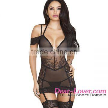 Black Romantic ladies lace 3pcs Chemise lingerie sexy babydoll