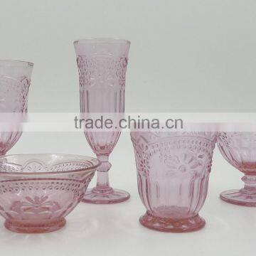 press Wine goblet,Hiball,DOF, sundae cup color glass in pink with sakura design embossed
