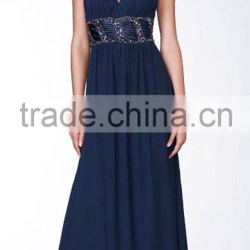 Long Dark Navy V-Neck Chiffon cocktail Dress party dress women's dress manufacture supply directly A-line Evening Dress