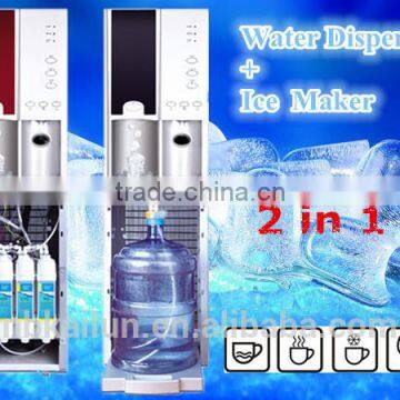 Hot and cold bottom loading water dispenser with ice maker