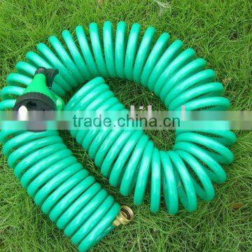 50ft coil Garden Hose with brass coupling and 5 function spray gun