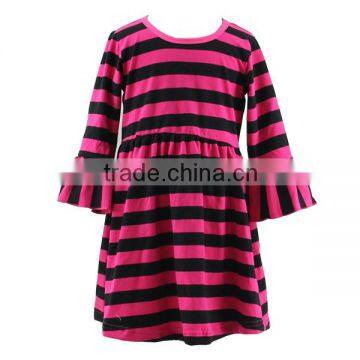 Wholesale children frock model baby girls dress hot pink and black stripe dress stripe long sleeve baby dress