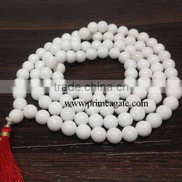 White Agate Tassel Mala Necklace, 108 Bead Mala, Nature Stone Jewelry - Jap Mala- Yoga Necklace