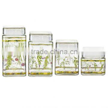 SINOGLASS 4 pcs WITH FRESH HERBS DECAL SQUARE SHAPE airtight glass Storage canister jar set