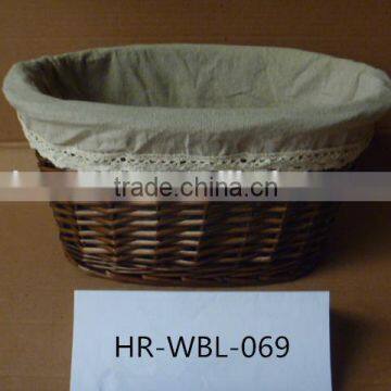 handmade round wicker basket with grey cotton liner