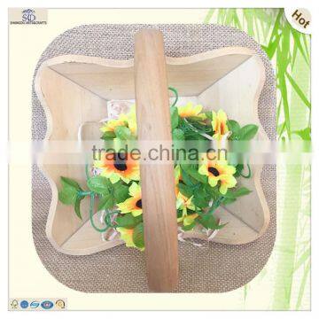 Hand Carved Large Arched Handle Wood Flower Basket
