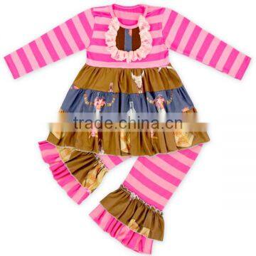 Hot Pink Striped Style Boutique Girl Clothing Sets Long Sleeve Cotton Shirt Dress And Ruffle Pants Girl Clothes Set Kid Clothing