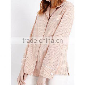 Wholesale Women Newest Collar Long Sleeves Buttoned Cuffs Polka Dot Printed Silk Shirt(DQE0155T) photo-4