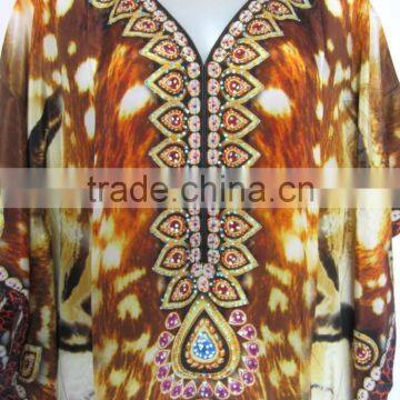DIGITAL Print Viscose Crepe Silk Crystal Embellished Kaftan CAFTAN Tunic Poncho Blouse photo-2