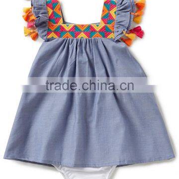 Wholesale boutique swing sleeve fancy tassels baby clothes cotton baby romper clothes set