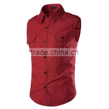 Two Chest Pockets Sleeveless Casual Cotton Men Shirts photo-3