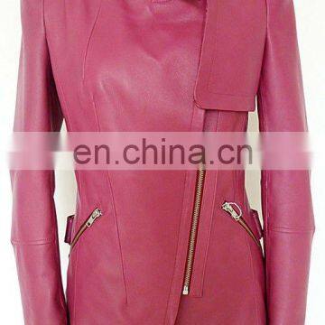 Ladies fashion lapel collar pink lamb leather jackets with pleated skirt hem